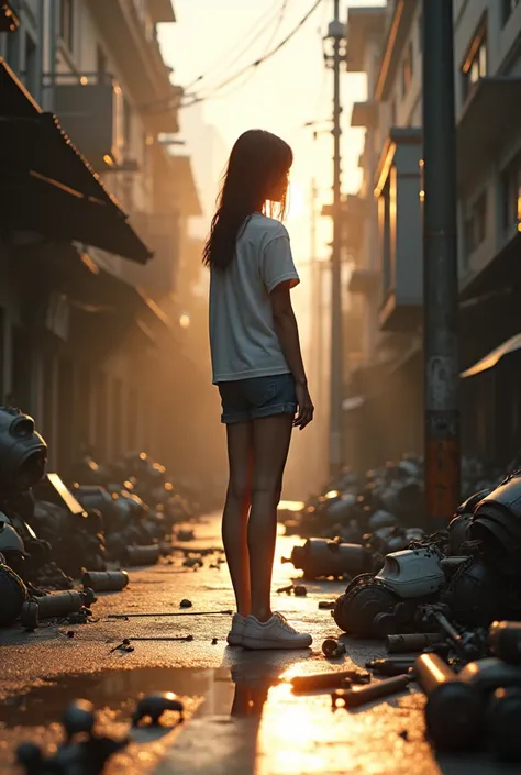 (Photorealism 1.2) ，Photo quality，Original Photography，High detail definition cinematography A girl in a white T-shirt and shorts stands on a city street，Greasy and wet ground，Robot parts and repair tools scattered all over the floor，Morning sun exposure，F...