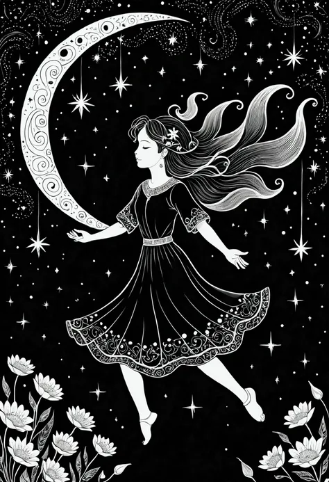 a black and white drawing of a fada flying through the night sky, astral fada, magical fada floating in space, space flower fada...