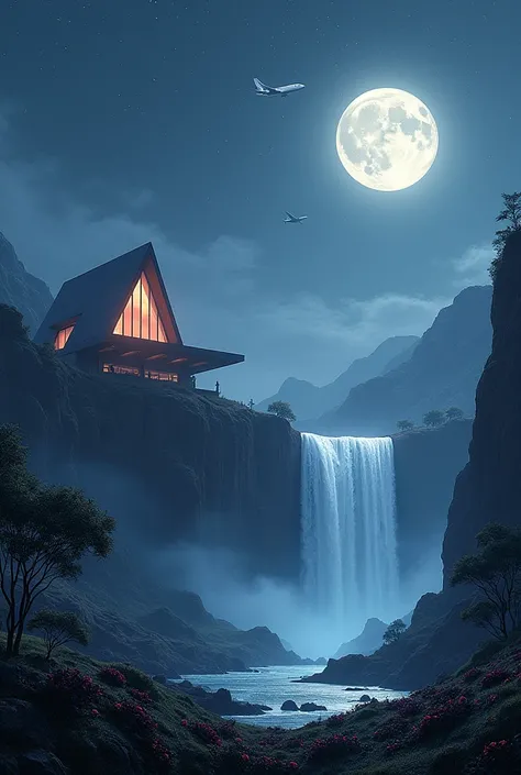 a house near a waterfall on jupiter, plane flying, moon light nd moon , black roses