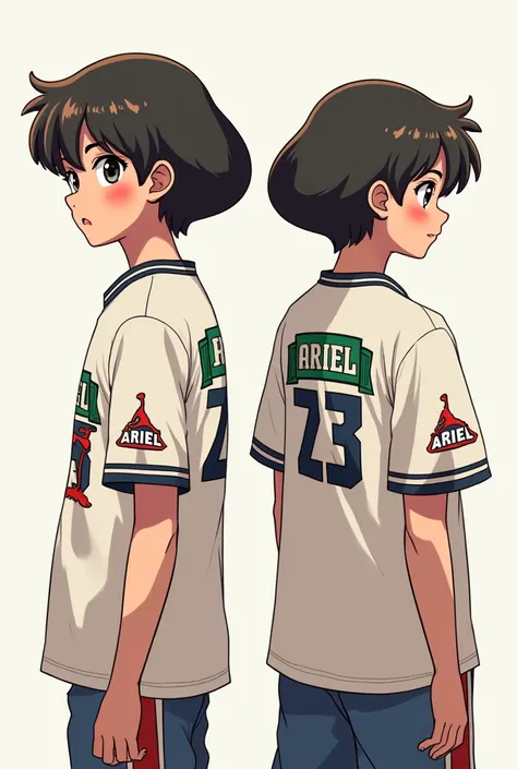 Create two anime images with the mushroom haircut like Tiago PZK and put the Jordan 23 shirt on him but instead of Jordan you put ARIEL AT one that is with his back turned looking to the side and the other facing forward that is a man 