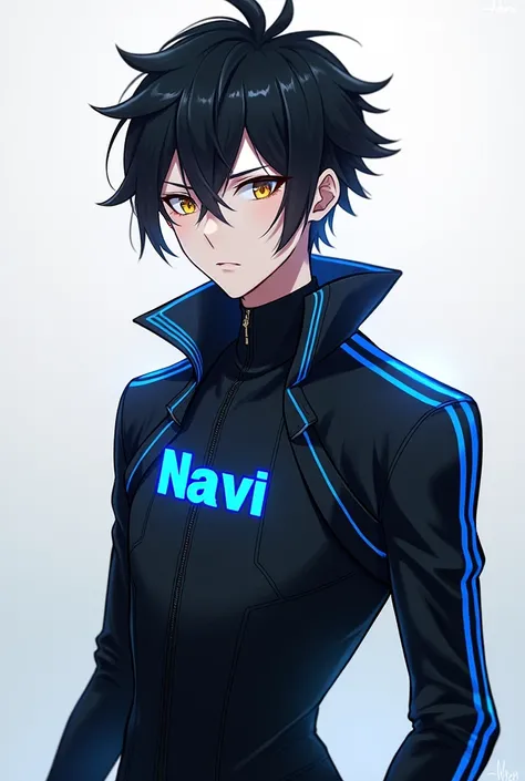 Create an anime man wearing a black outfit with the name NAVI on the neon blue outfit, with tattoo, anime styling, Bblack hair, calm face
