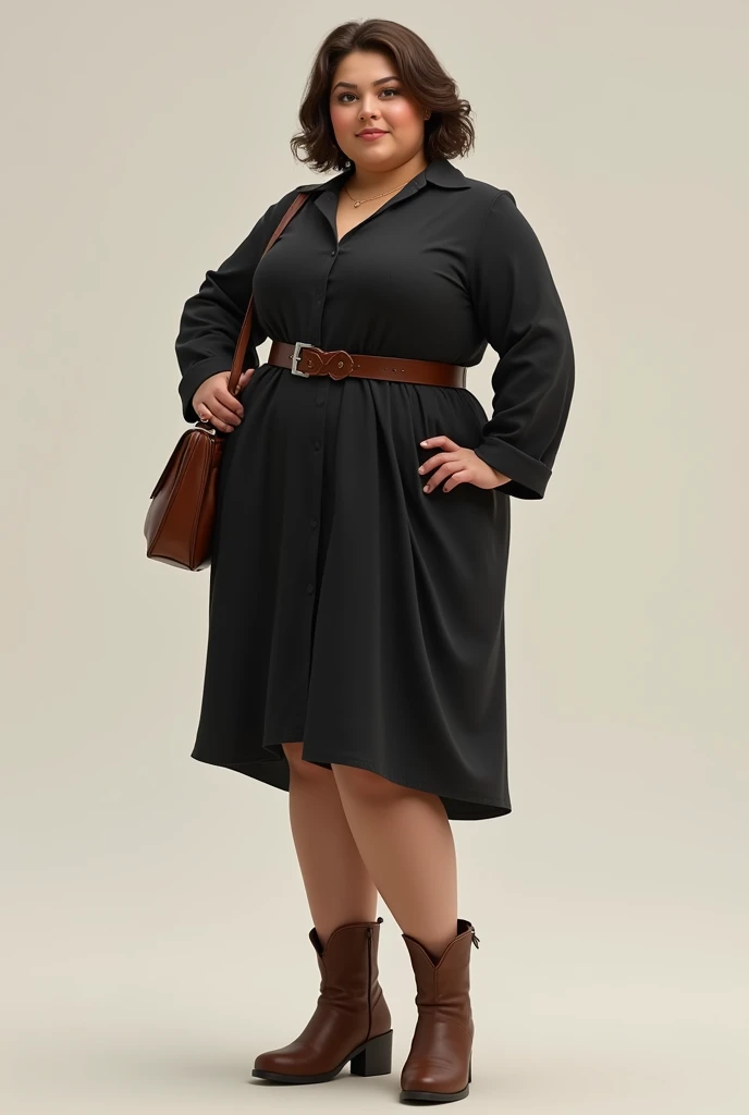 A short woman, with wide hips wearing a knee-length black dress with long sleeves and a belt, with a brown tractor-heeled, short-shaft boot. And a brown bag