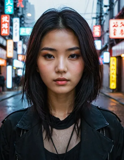 City Street, neon, fog, Volumetric, Close-up portrait photo of a young woman in black clothes, Japanese