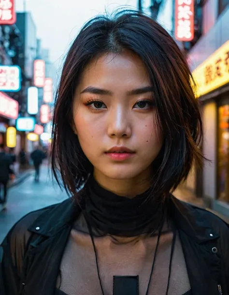 City Street, neon, fog, Volumetric, Close-up portrait photo of a young woman in black clothes, Japanese