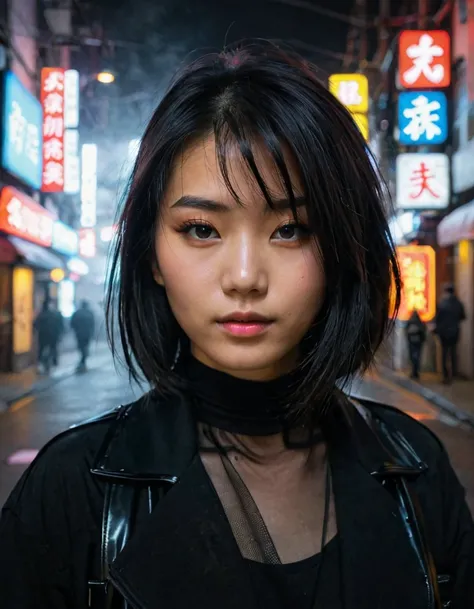 City Street, neon, fog, Volumetric, Close-up portrait photo of a young woman in black clothes, Japanese