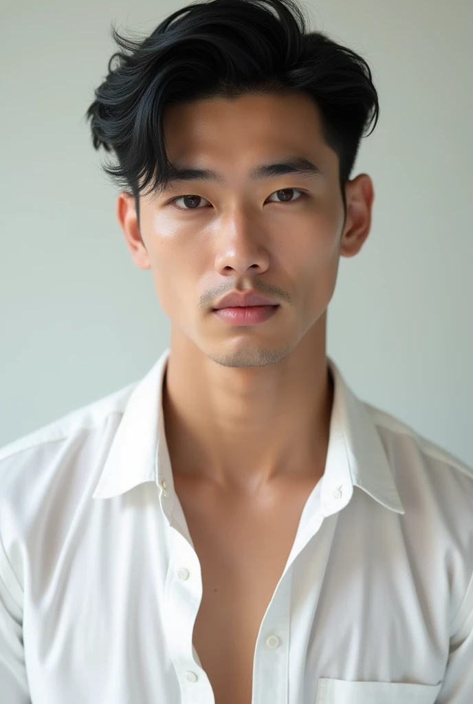 High quality, masterpiece, highly detailed, 8k, perfect face, perfect full body, realistic, photogenic, man in white shirt, Asian, young, black hair, undercut hair  style, handsome, detailed eyes, beautifully detailed nose, realistic body, realistic light,...