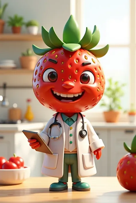 A cute and cheerful 3D strawberry wearing a nutritionist&#39;s outfit