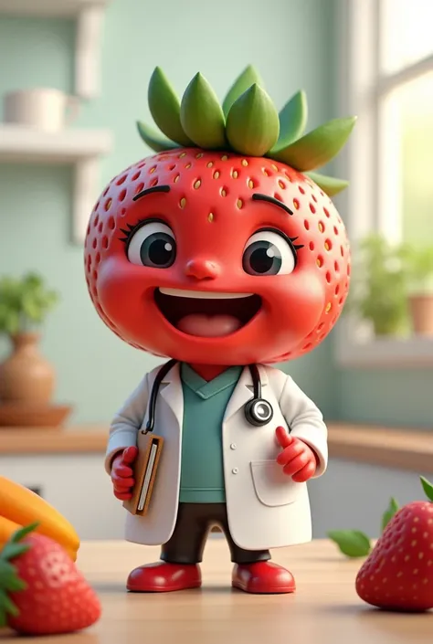 A cute and cheerful 3D strawberry wearing a nutritionist&#39;s outfit