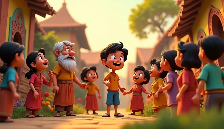 Generate 3D Cartoon Style Village Reaction:

The villagers laughed at Mohans story, recognizing it as a humorous lesson. Baba Ramdas had orchestrated the ordeal to show Mohan the folly of stealing.