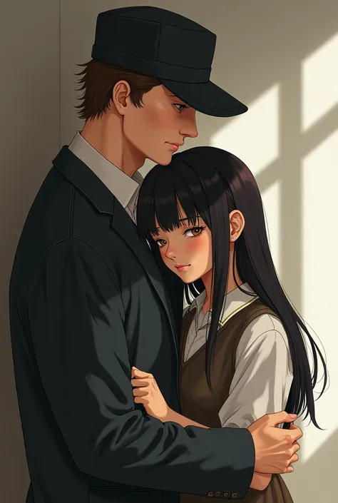 A tall teacher, brown hair, with cap,  and a cold and serious expression on his face, leaning on the shoulder of a shorter teacher, with black hair and a softer and more tender expression