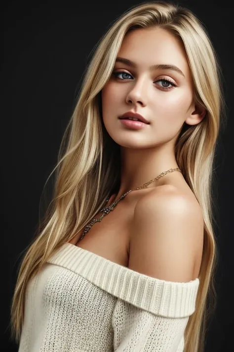 1girl in, age19, Solo, Long hair, Colossal , Looking at Viewer, blondehair, Bare shoulders, Brown eyes, jewely, half body, a necklace, off shoulders, Sweaters, Realistic with black background 