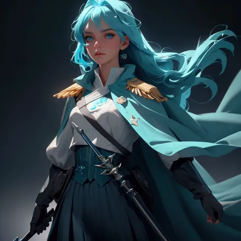 envision a 8k, highres, cinematic, beautiful close up portrait of a woman with Aqua blue hair, Blue eyes, Military Dress, Tactical Skirt, Blue Cape, magic wand, in dark lighting, against a dark gray background