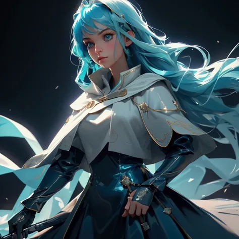 envision a 8k, highres, cinematic, beautiful close up portrait of a woman with Aqua blue hair, Blue eyes, Military Dress, Tactical Skirt, Blue Cape, magic wand, in dark lighting, against a dark gray background