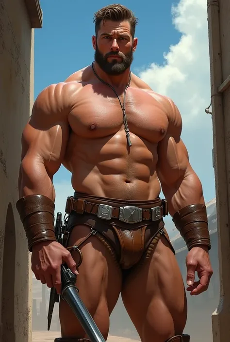 masterpiece, a homoerotic digital painting of a naked fat muscular Obi Wan Kenobi and Captain Haddock, highly detailed cinematic cowboy shot, naked muscular man in a slaughterhouse wearing BDSM gear, leather underwear, cockbulge, wet, realistic skin, ((med...