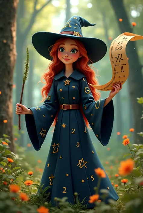 Create a witch, a wise and playful feminine character with a robe full of mathematical symbols. Shes standing in a vibrant forest, holding a floating scroll with fractions written on it. Shes wears a navy blue wizards robe with gold stars and mathematical ...