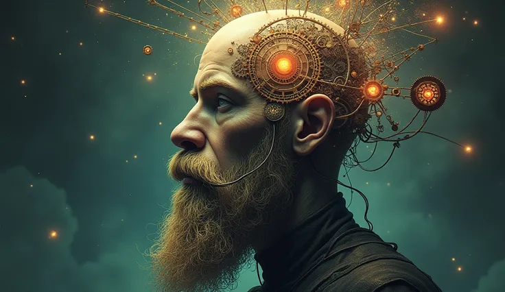 Stve Jobs Human brain being reprogrammed to forget addictions, through gears and motors into a male head with long beards, In a confusing and mysterious environment with lights that connect the brain to the universe Top image.
