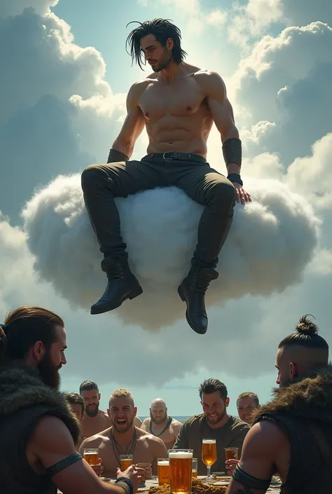 young man god of toughness, his hair is black and the roots are white, Scandinavian god of fun, height 160, medium length hair is black with white, athletic build, sits on a cloud, people are drinking beer below and having fun, people look like Vikings, Da...