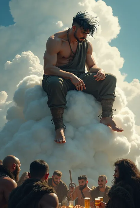 young man god of toughness, his hair is black and the roots are white, Scandinavian god of fun, height 160, medium length hair is black with white, athletic build, sits on a cloud, people are drinking beer below and having fun, people look like Vikings, Da...