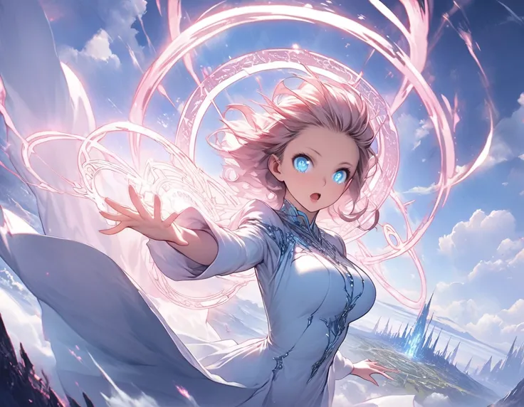 1girl, petite figure, slender body, stylish, well-proportioned, beautiful large breasts, elegant, long coat, intricate magical staff, glowing magic circle, floating arcane symbols, spellcasting, energy rings, intense light effects, dynamic pose, overhead p...