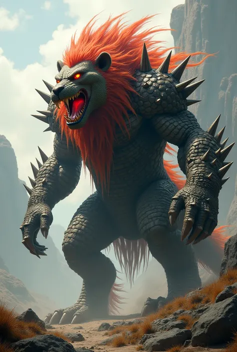 Superpower Mode: "A colossal hybrid creature towering over its surroundings, with the powerful, muscular frame of a lion and the armored, spiked scales of a crocodile. Its massive jaws drip with venom, and its mane has been transformed into razor-sharp spi...