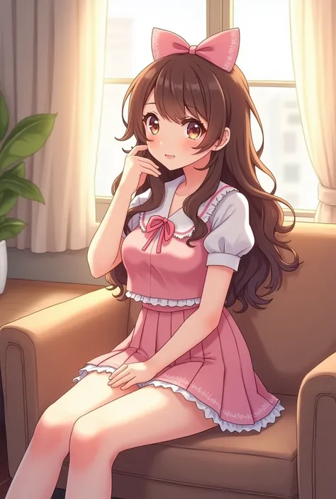 Create an anime-style illustration of an East Asian woman in her 20s, cosplaying as a cute character from a Japanese anime. She is seated at a window seat in a cozy living room, relaxing. Her hair is styled in wavy, long brown hair with a side part. She is...