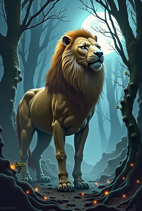 "A powerful creature with the body of a centaur, featuring a lions head atop its torso. The creature has five robust goat legs extending from its body, giving it a unique and formidable stance. The lion’s head is majestic, with a golden mane flowing and a ...