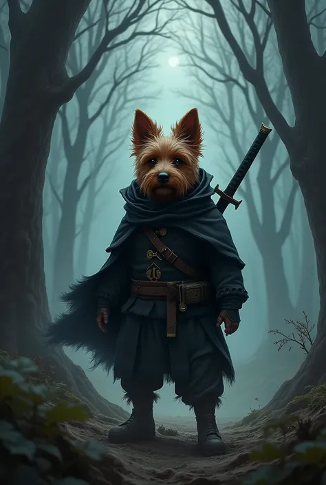 a 2D art with a bipedal humanoid Yorkshire Terrier dog, in a dark forest with a katana on his back and wearing black clothes
