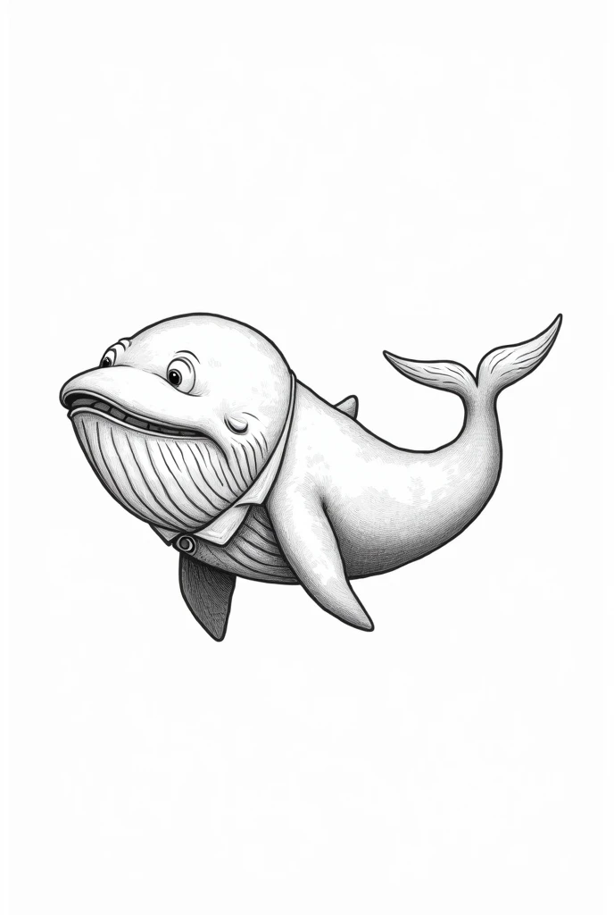 Coloring book of a whale in a suit in the ocean cartoon style, thick lines without color, white drawing background with only lines
