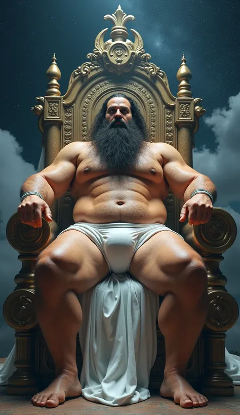 god on his throne ruling,Open legs, hair from navel to groin, underwear white with big bulge in the middle, Chubby, Hairy, Bearded, high resolution, ultra-detailed , sharp focus, intricate details, Holding your big belly, high resolution, ultra-detailed, s...