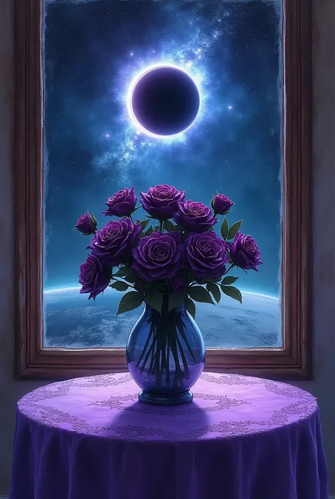 Imagine beautiful watercolor Halloween scene with borders,  black roses in a vase sat upon a table with purple lace tablecloth  
Deep space HD 8k acrylic of Eclipse from ISS with a view of earth. 
There were so many images i liked and couldn’t decide on ju...