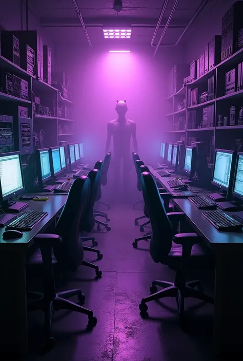 A dark room filled with computers with a purple haze and Springtrapy