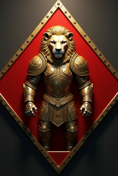 A lion with metallic gold armer in the center of thhe armmer diamond of red colour
