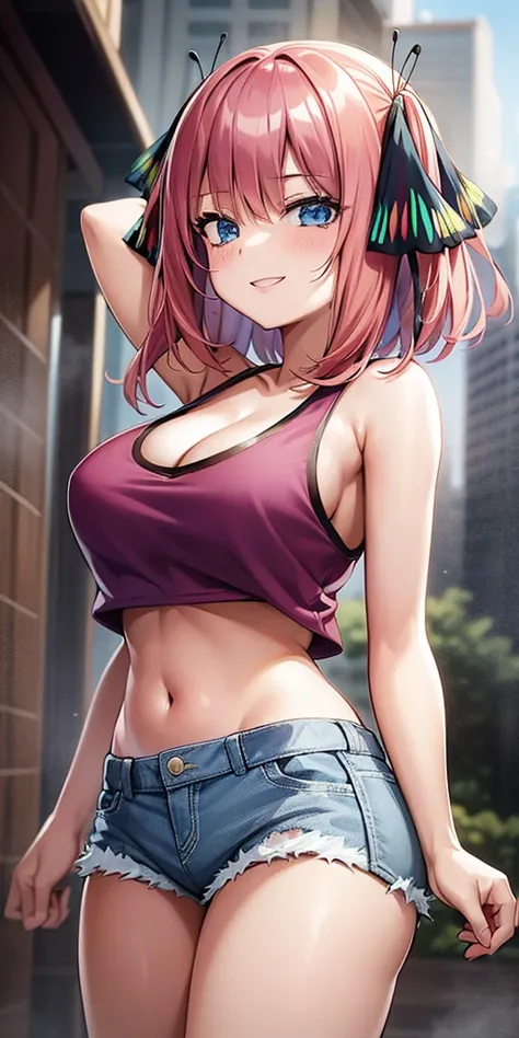 2d, masterpiece, best quality, anime, highly detailed, 1girl, solo, cowboy shot, nakano nino, pink hair, butterfly hair ornament, crop top , cleavage, Denim shorts , medium breasts, standing, school, outdoors, smile