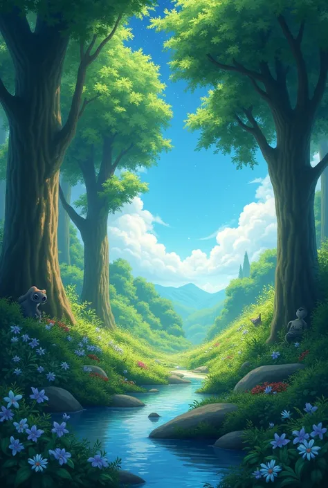 Viral anime nature wallpaper in 4K quality, in the style of digital illustration inspired by Hayao Miyazaki, featuring a serene forest with towering ancient trees, dappled sunlight filtering through the leaves, a gentle stream flowing through the scene, an...