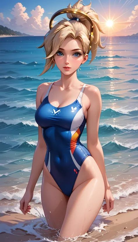 score_9, score_8_up, score_7_up, score_6_up, cinematic film still, solo, 1girl, BREAK mrcy, short hair, high ponytail, halo, cute swimsuit, beach, jogging in shallow water, graceful, beautiful scene, sunrise, lens flare, highly detailed, detailed face, abs...