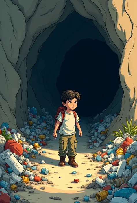 Create an image of a  boy exploring inside a cave full of trash cleaning it up drawing style