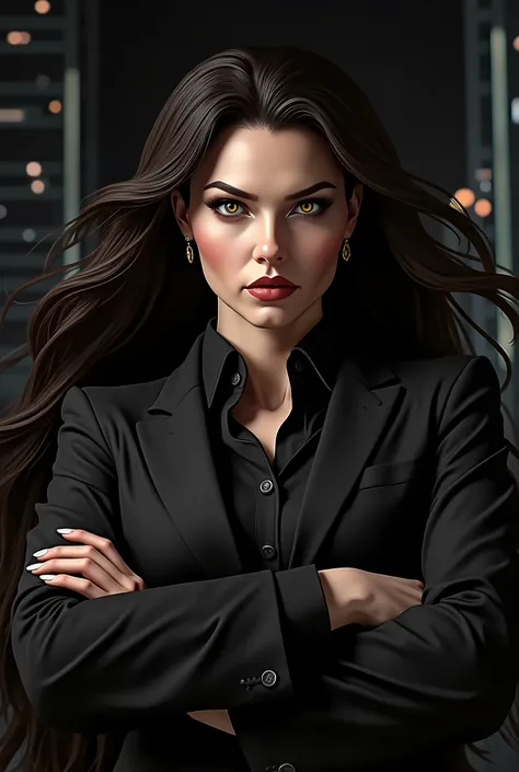 16K, HDR, RTX, raytracing, natural lighting, absurdres, best qaulity masterpiece, perfect anatomy highly detailed face, detailed eyes, 1girl, solo, wearing a business suit, shirt, top button open, beautiful hair, extreme beautiful, edgy, cool, evil aura, w...