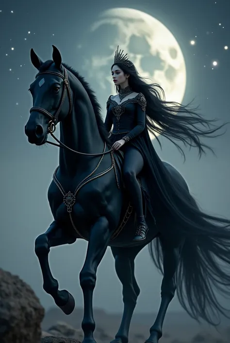 Draw me a black horse and draw a moon princess with black hair on it. The horse has no whiteness at all, it is pitch black. 