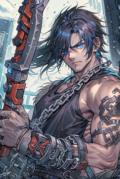 Weapon: Two chained one-handed axes,Medium build,At first glance, he appears to be just a good-looking, gloomy young man.、Actually, muscular,mercenary,Black Hair, Silver Hair, Inner Color, blue eyes, bandana,Anime Style, 