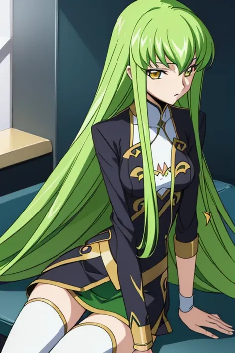 code geass  c.c., One Girl, Green Hair, mini skirt, Long Hair, Medium chest, Upper Body, View your viewers, alone, thigh, White knee-high, Yellow Eyes, Sitting, Excellent anatomy, Good artist, Tabletop