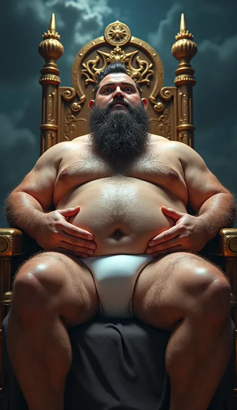 god on his throne ruling, Holding a Staff of Light, Open legs, hair from navel to groin, underwear white with big bulge in the middle, Chubby, Hairy, Bearded, high resolution, ultra-detailed , sharp focus, intricate details, Holding your big belly, high re...