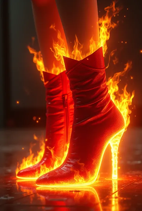 A pair of red dance boots, spike heel, fish mouth, ankle-high boots on fire 