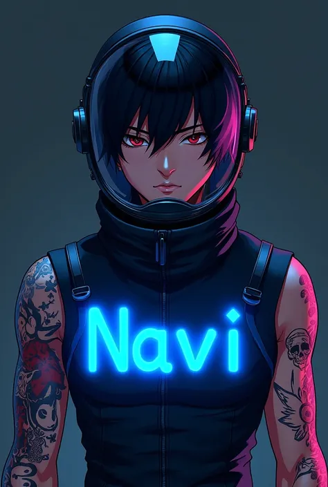 Create an anime man wearing a black outfit with the name NAVI on the outfit , with the name in blue neon, with tattoo, anime styling, Bblack hair, men&#39;s astronaut helmet, anime styling
