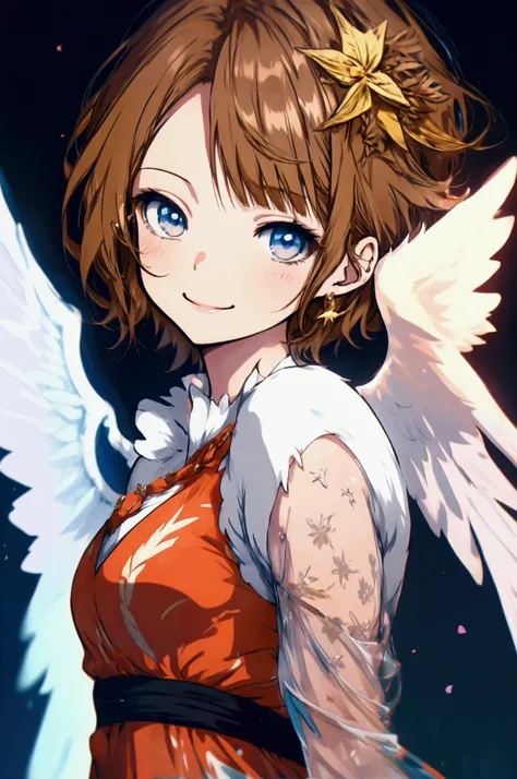 Anime girl with short brown hair, one piece dress, smiling, angel wings