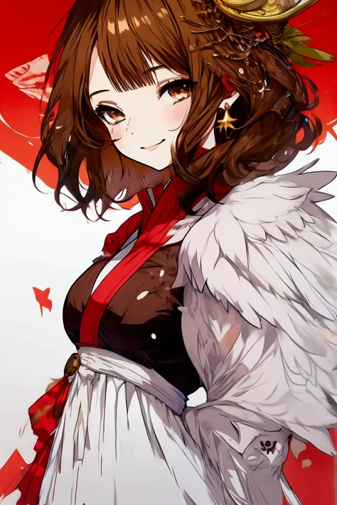 Anime girl with short brown hair, one piece dress, smiling, angel wings