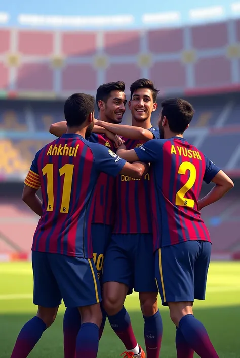 Four football players celebrating goal
Jersey backside name written Player names
Anshu,  Jersey number 11
Nikhil, jersey number 10
Sameer, jersey number 7
Ayush, jersey number 2
Team Barcelona
Barcelona stadium 