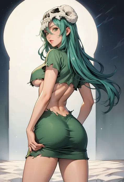 perfect eyes:1.2, detailed eyes:1.4, odelschwanck, green hair, hazel eyes, skull, torn clothes, underboob, skirt, cowboy shot, 1...