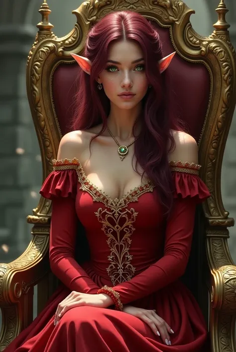 Young woman with wine-colored hair and green eyes with yellow and blue, with slightly pointed ears, sitting on a throne in a red medieval dress with gold details with long sleeves in a stone castle
