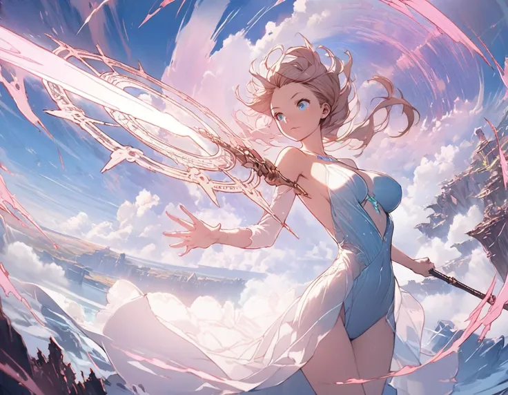 1girl, slender body, large breasts, intricate magical staff, glowing magic circle, energy rings, intense light effects, mid-air, powerful magic, dramatic lighting, pink and blue glow, detailed eyes, ((delicate hands)), artistic depth, fantastical landscape...