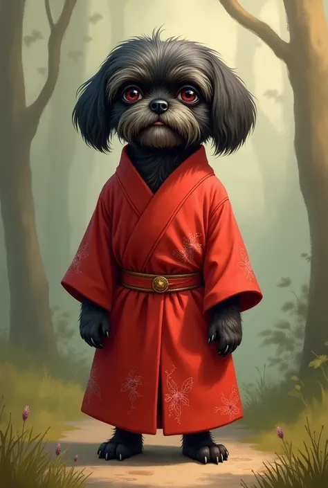 Make a 2D artwork of an old black shih tzu humanoid bipedal dog wearing a red outfit in a calm place
